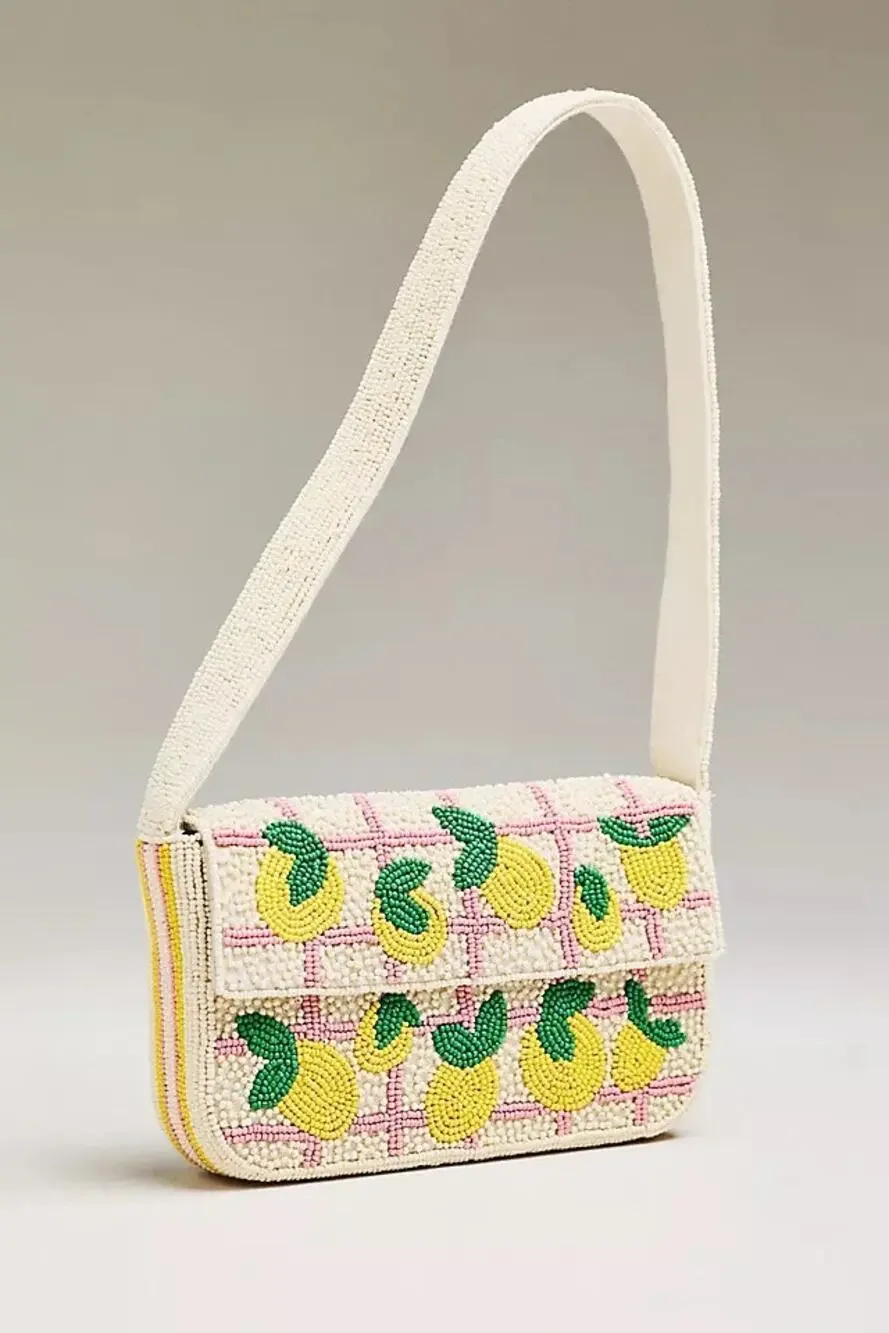 nwt ANTHROPOLOGIE The Fiona Beaded Bag: Food Icon Edition Lemons Motif